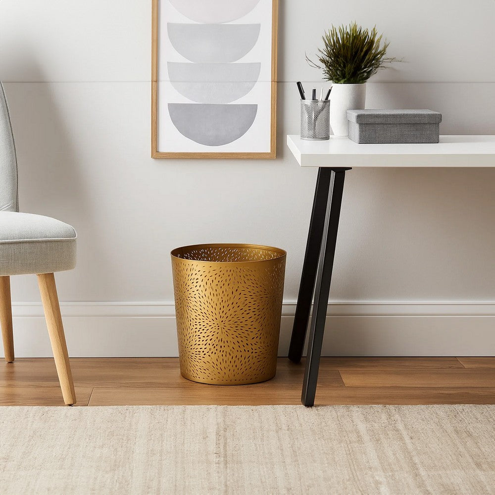 10" Decorative Iron Wastebasket Trash Can | Matte Gold | Leaf Etched Design - UPT-331893