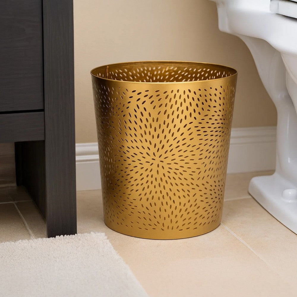 10" Decorative Iron Wastebasket Trash Can | Matte Gold | Leaf Etched Design - UPT-331893