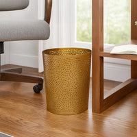 10" Decorative Iron Wastebasket Trash Can | Matte Gold | Leaf Etched Design - UPT-331893