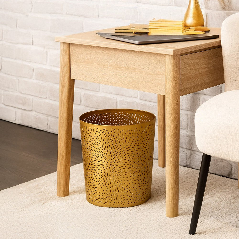 10" Decorative Iron Wastebasket Trash Can | Matte Gold | Leaf Etched Design - UPT-331893
