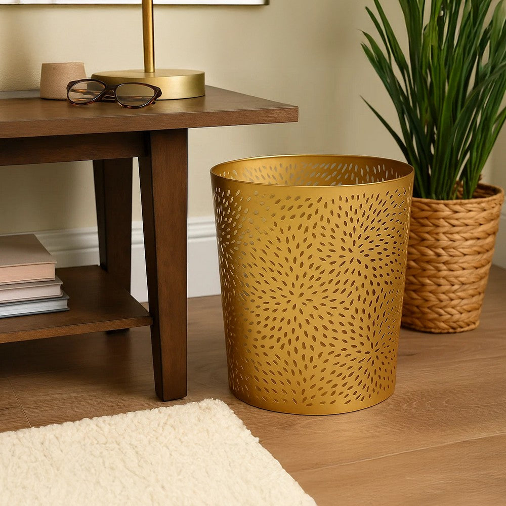 10" Decorative Iron Wastebasket Trash Can | Matte Gold | Leaf Etched Design - UPT-331893