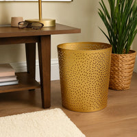 10" Decorative Iron Wastebasket Trash Can | Matte Gold | Leaf Etched Design - UPT-331893