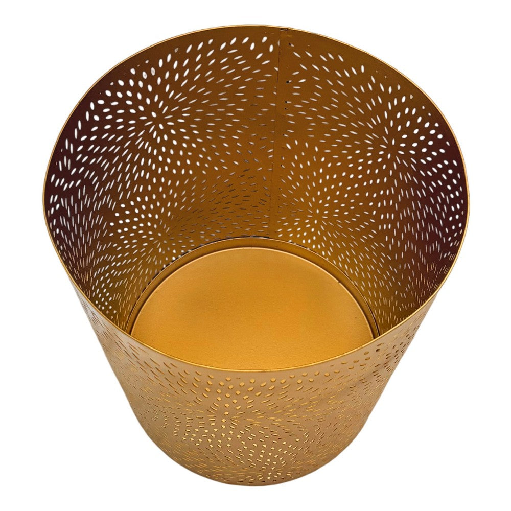 10" Decorative Iron Wastebasket Trash Can | Matte Gold | Leaf Etched Design - UPT-331893