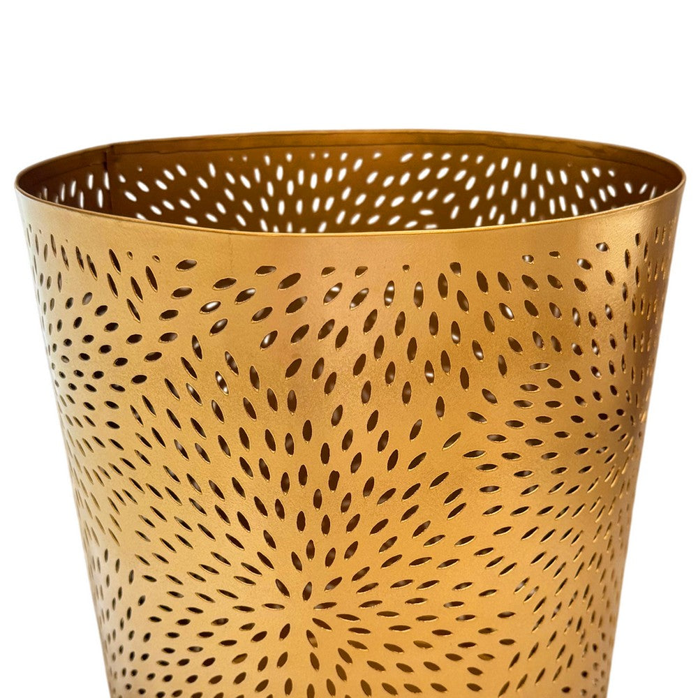 10" Decorative Iron Wastebasket Trash Can | Matte Gold | Leaf Etched Design - UPT-331893