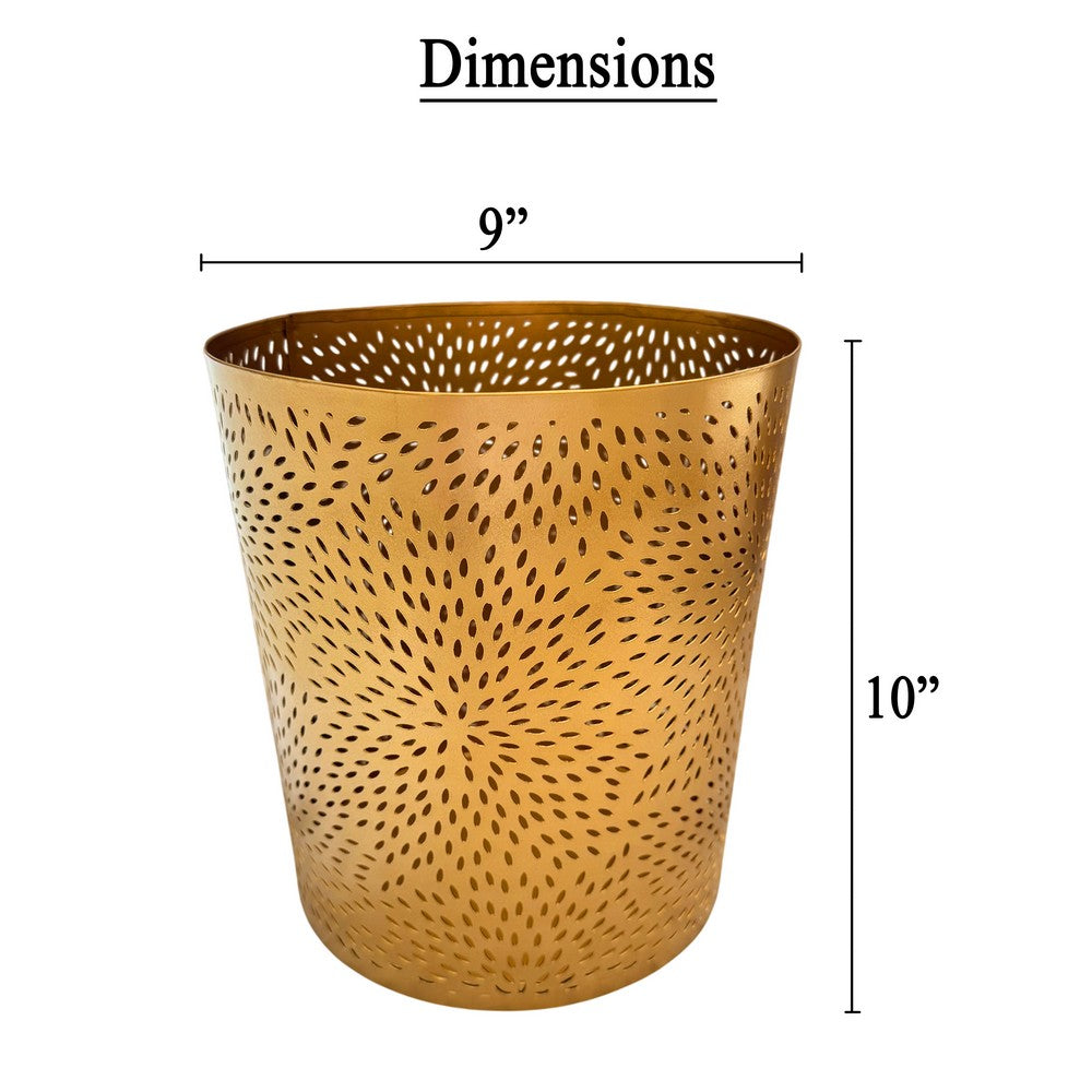 10" Decorative Iron Wastebasket Trash Can | Matte Gold | Leaf Etched Design - UPT-331893