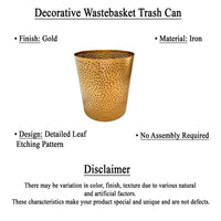 Josi 10 Inch Wastebasket Trash Can, Detailed Leaf Etching, Matte Gold Finish - UPT-331893