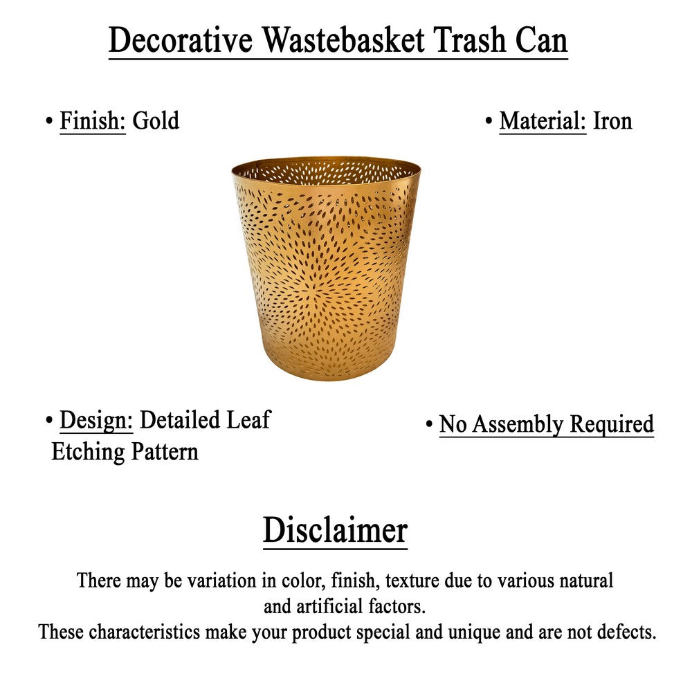 10" Decorative Iron Wastebasket Trash Can | Matte Gold | Leaf Etched Design - UPT-331893