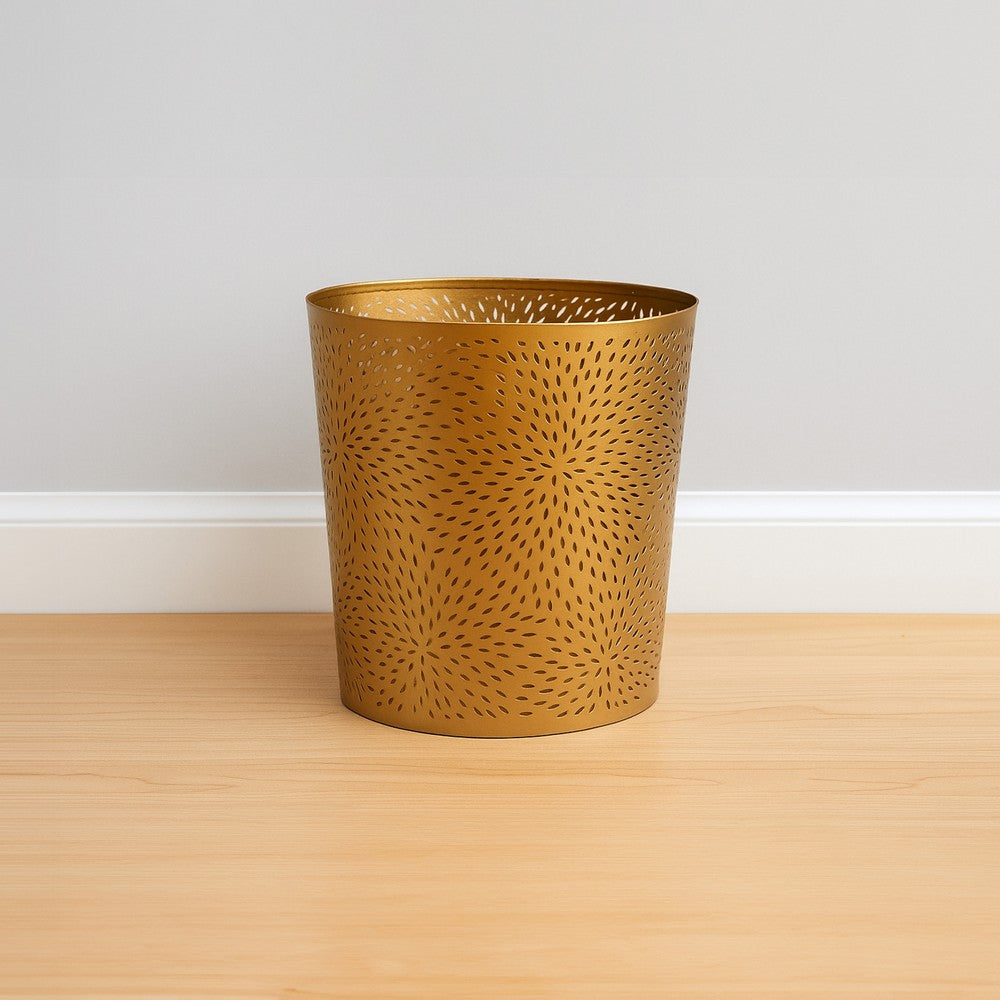 10" Decorative Iron Wastebasket Trash Can | Matte Gold | Leaf Etched Design - UPT-331893