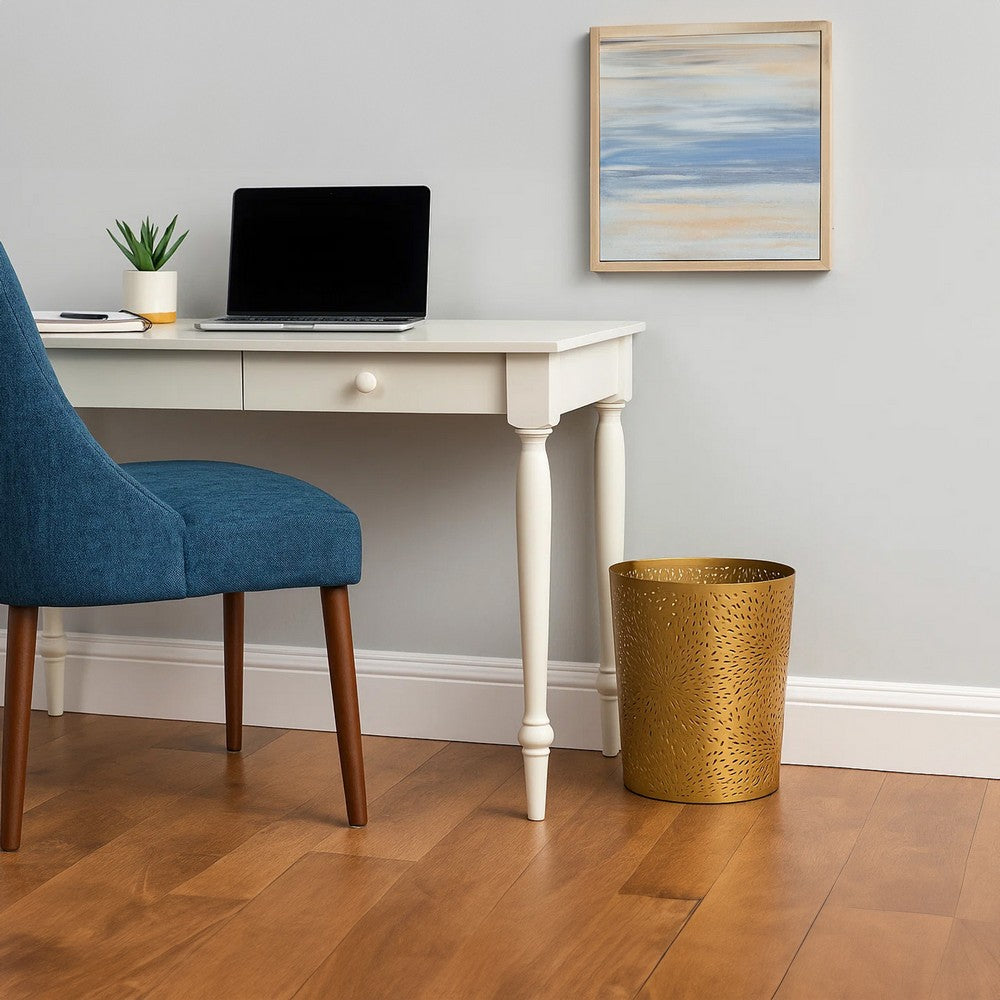 10" Decorative Iron Wastebasket Trash Can | Matte Gold | Leaf Etched Design - UPT-331893