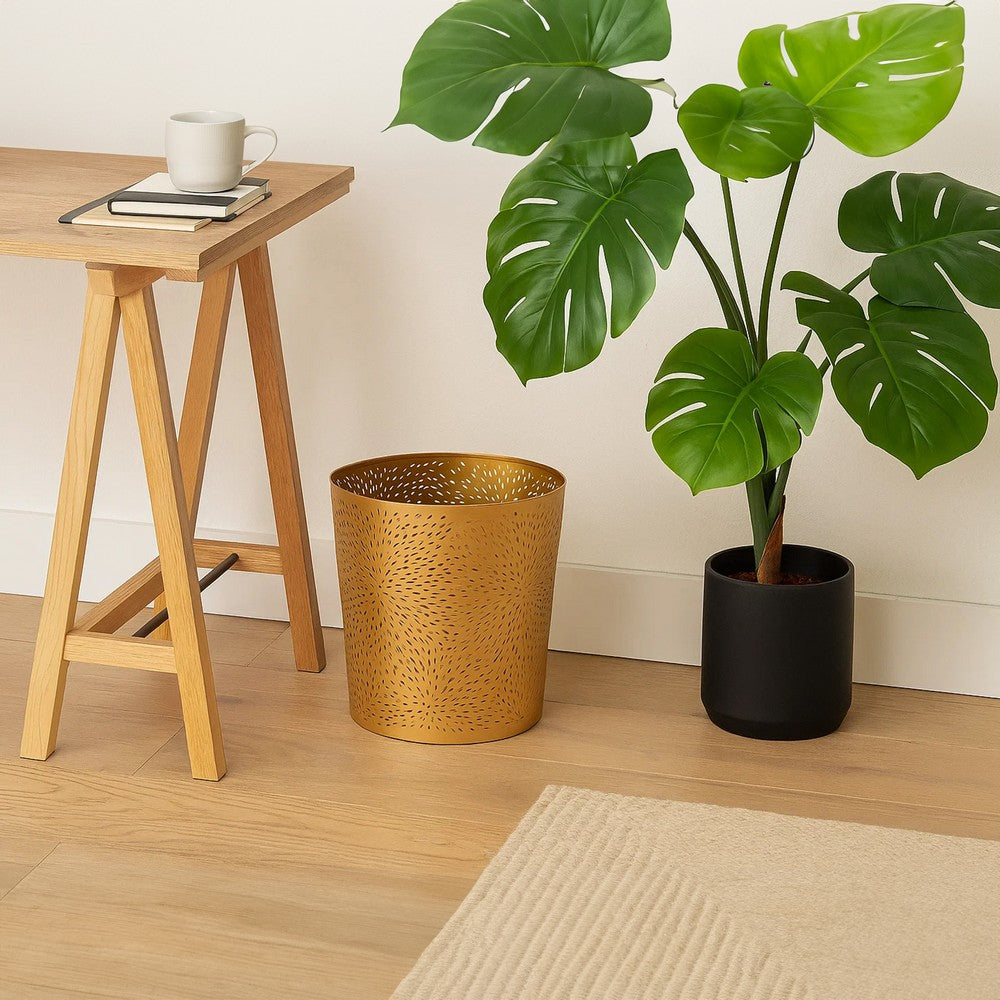 10" Decorative Iron Wastebasket Trash Can | Matte Gold | Leaf Etched Design - UPT-331893