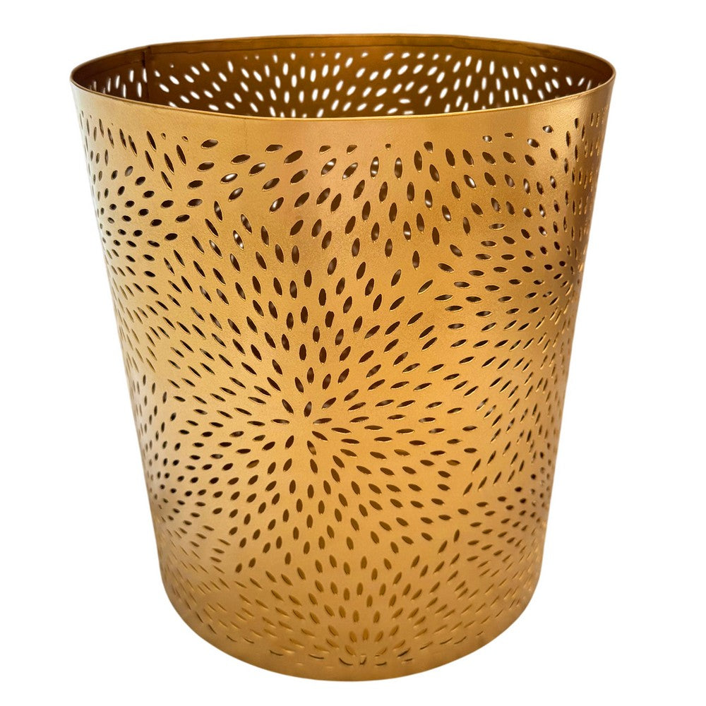 10" Decorative Iron Wastebasket Trash Can | Matte Gold | Leaf Etched Design - UPT-331893