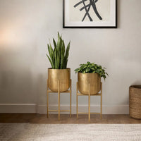 Aira Set of 2 Planters | 19, 22" Tall | Foldable Metal Stand | Antique Brass Finish - UPT-331894