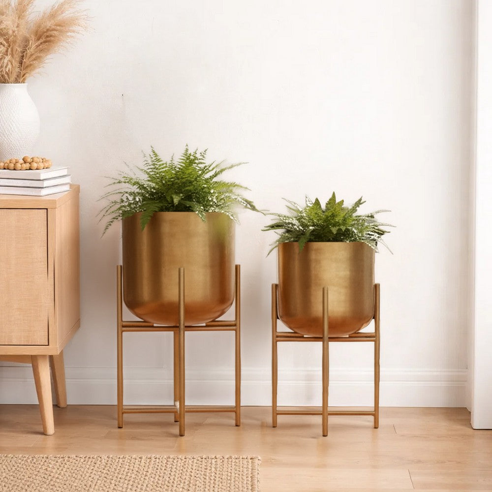 Aira Set of 2 Planters | 19, 22" Tall | Foldable Metal Stand | Antique Brass Finish - UPT-331894