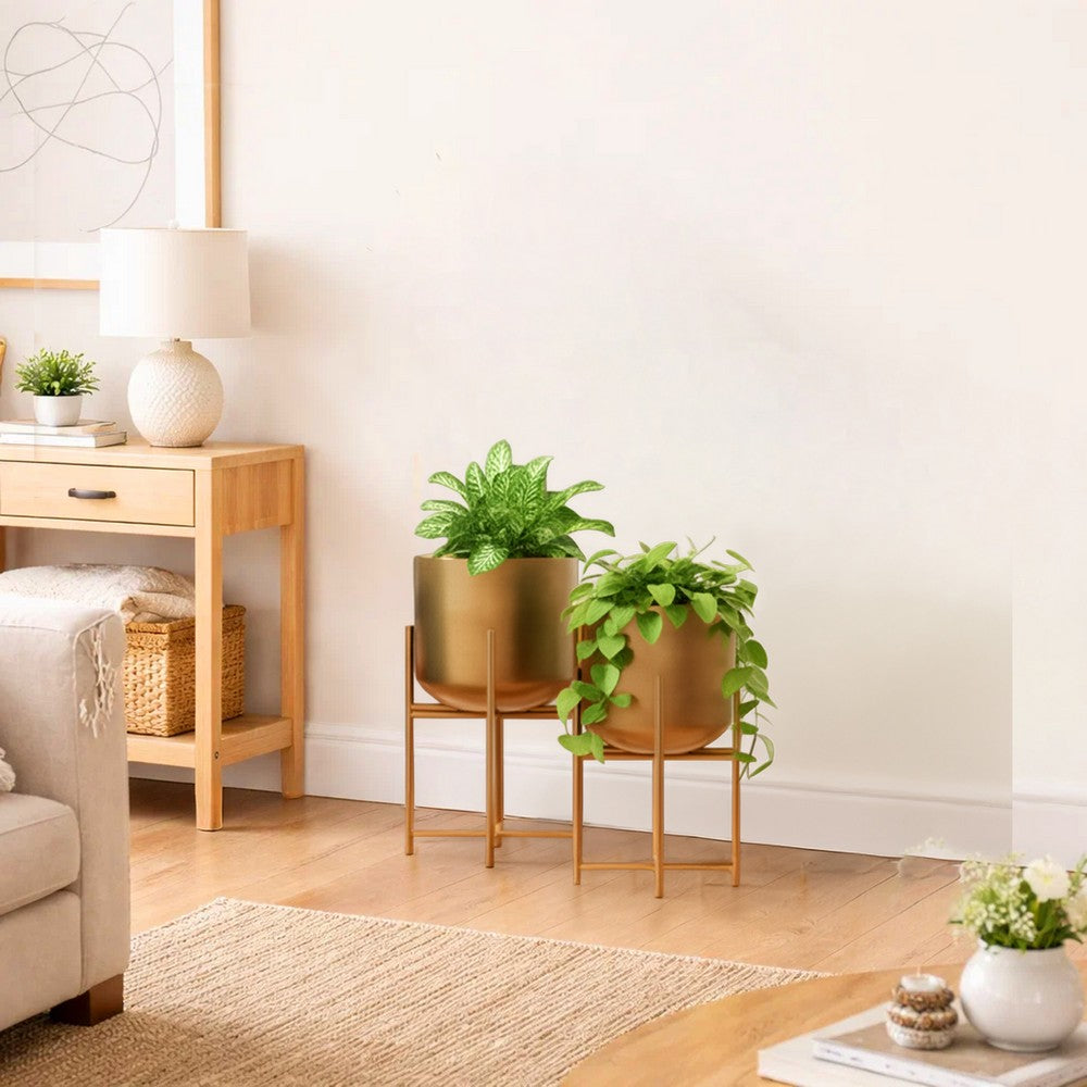 Aira Set of 2 Planters | 19, 22" Tall | Foldable Metal Stand | Antique Brass Finish - UPT-331894