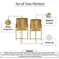 Aira Set of 2 Planters | 19, 22" Tall | Foldable Metal Stand | Antique Brass Finish - UPT-331894