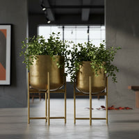 Aira Set of 2 Planters | 19, 22" Tall | Foldable Metal Stand | Antique Brass Finish - UPT-331894