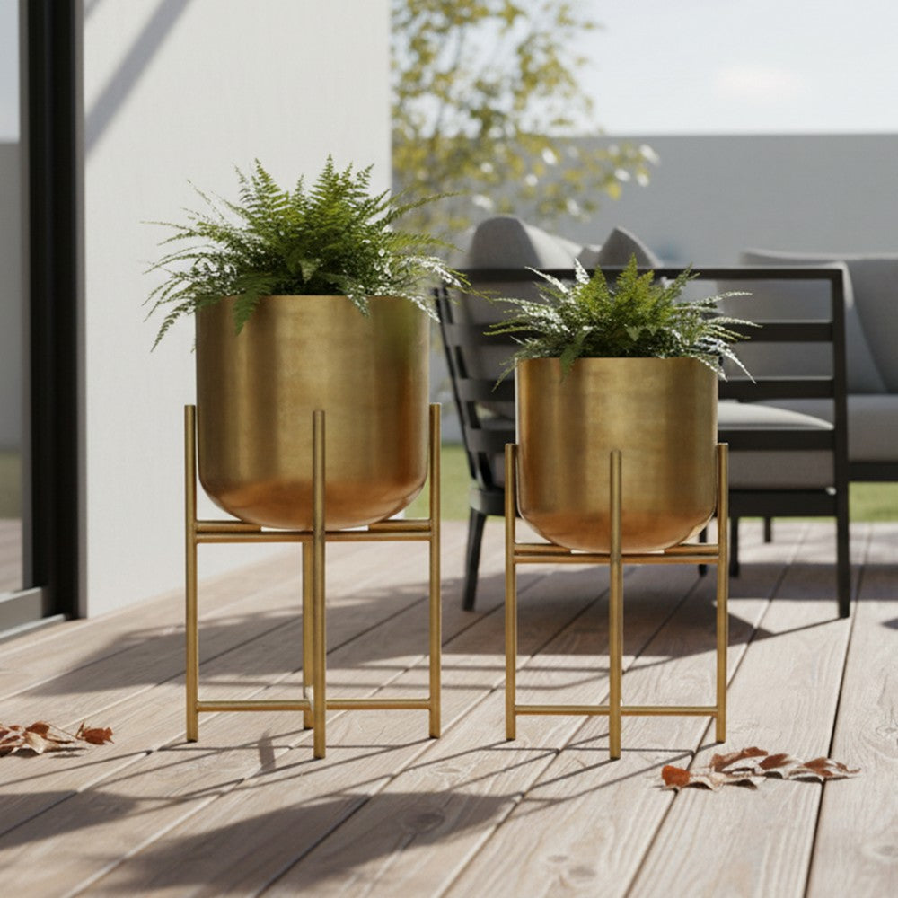 Aira Set of 2 Planters | 19, 22" Tall | Foldable Metal Stand | Antique Brass Finish - UPT-331894
