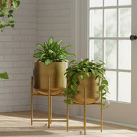 Aira Set of 2 Planters | 19, 22" Tall | Foldable Metal Stand | Antique Brass Finish - UPT-331894