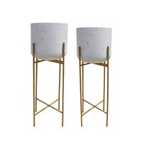Aira Set of 2 Planters | 20, 22" Tall | Gold Foldable Metal Stand | White Speckled Pattern - UPT-331895