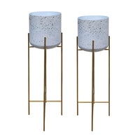 Aira Set of 2 Planters | 20, 22" Tall | Gold Foldable Metal Stand | White Speckled Pattern - UPT-331895