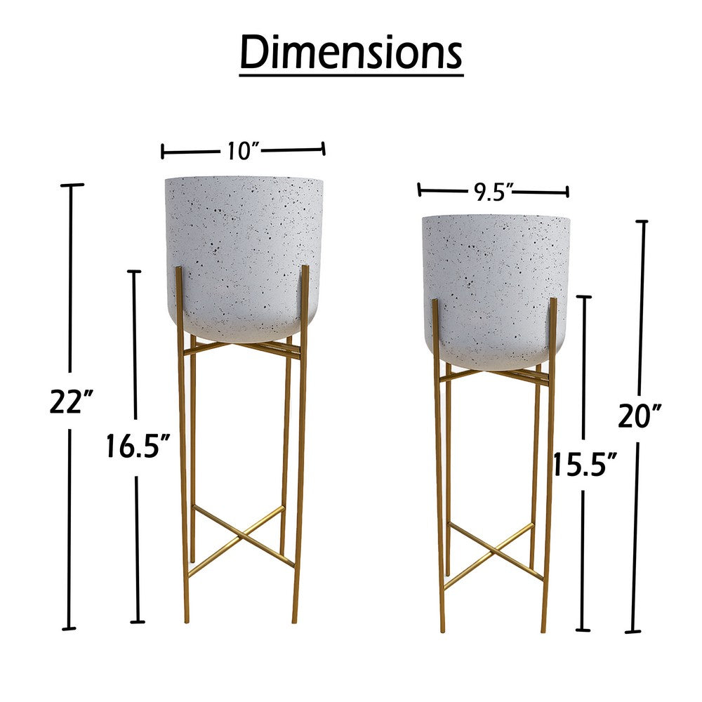 Aira Set of 2 Planters | 20, 22" Tall | Gold Foldable Metal Stand | White Speckled Pattern - UPT-331895