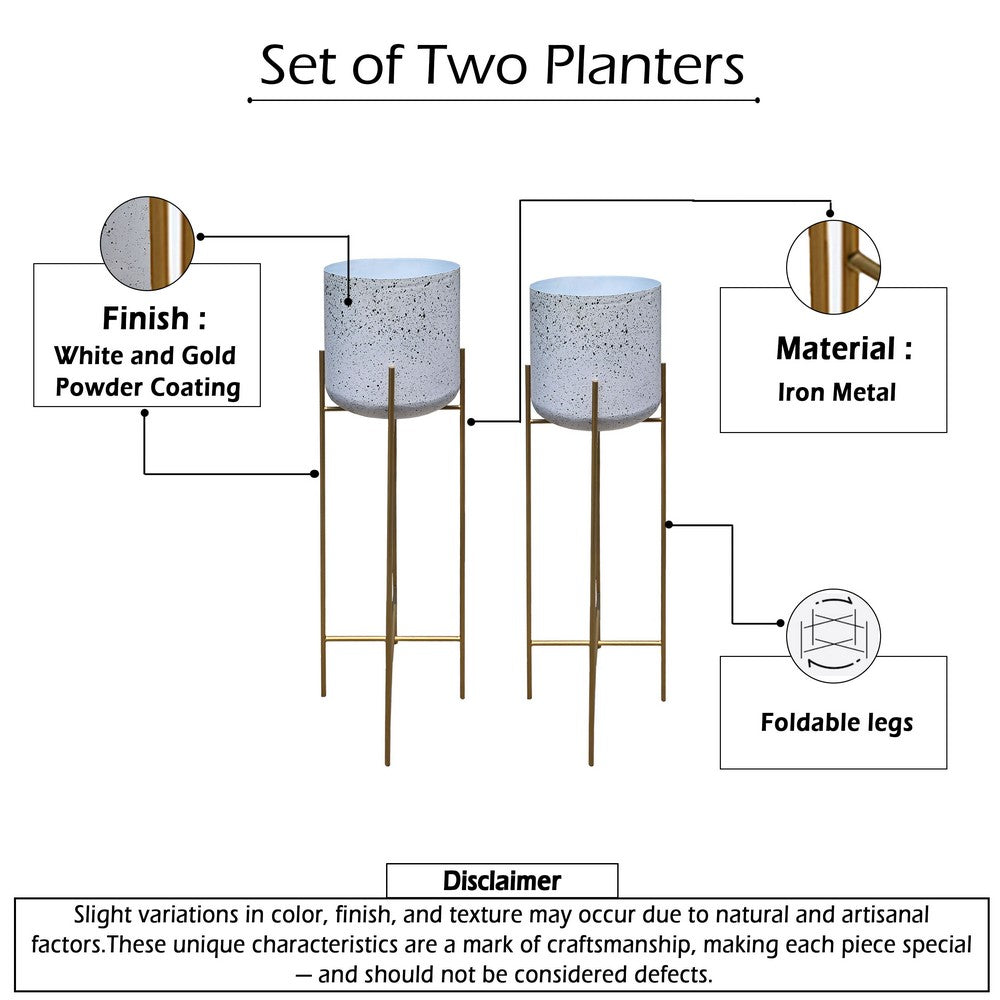 Aira Set of 2 Planters | 20, 22" Tall | Gold Foldable Metal Stand | White Speckled Pattern - UPT-331895