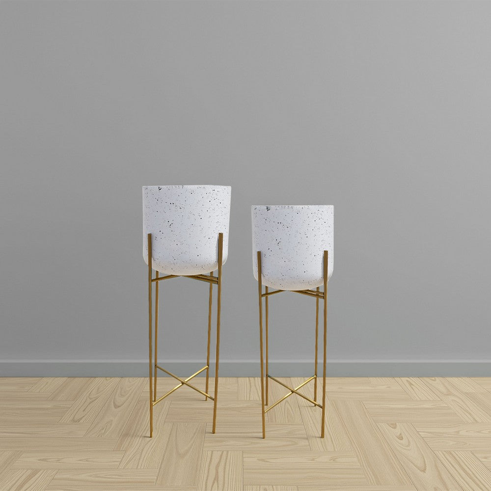 Aira Set of 2 Planters | 20, 22" Tall | Gold Foldable Metal Stand | White Speckled Pattern - UPT-331895