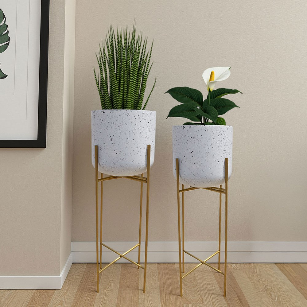 Aira Set of 2 Planters | 20, 22" Tall | Gold Foldable Metal Stand | White Speckled Pattern - UPT-331895