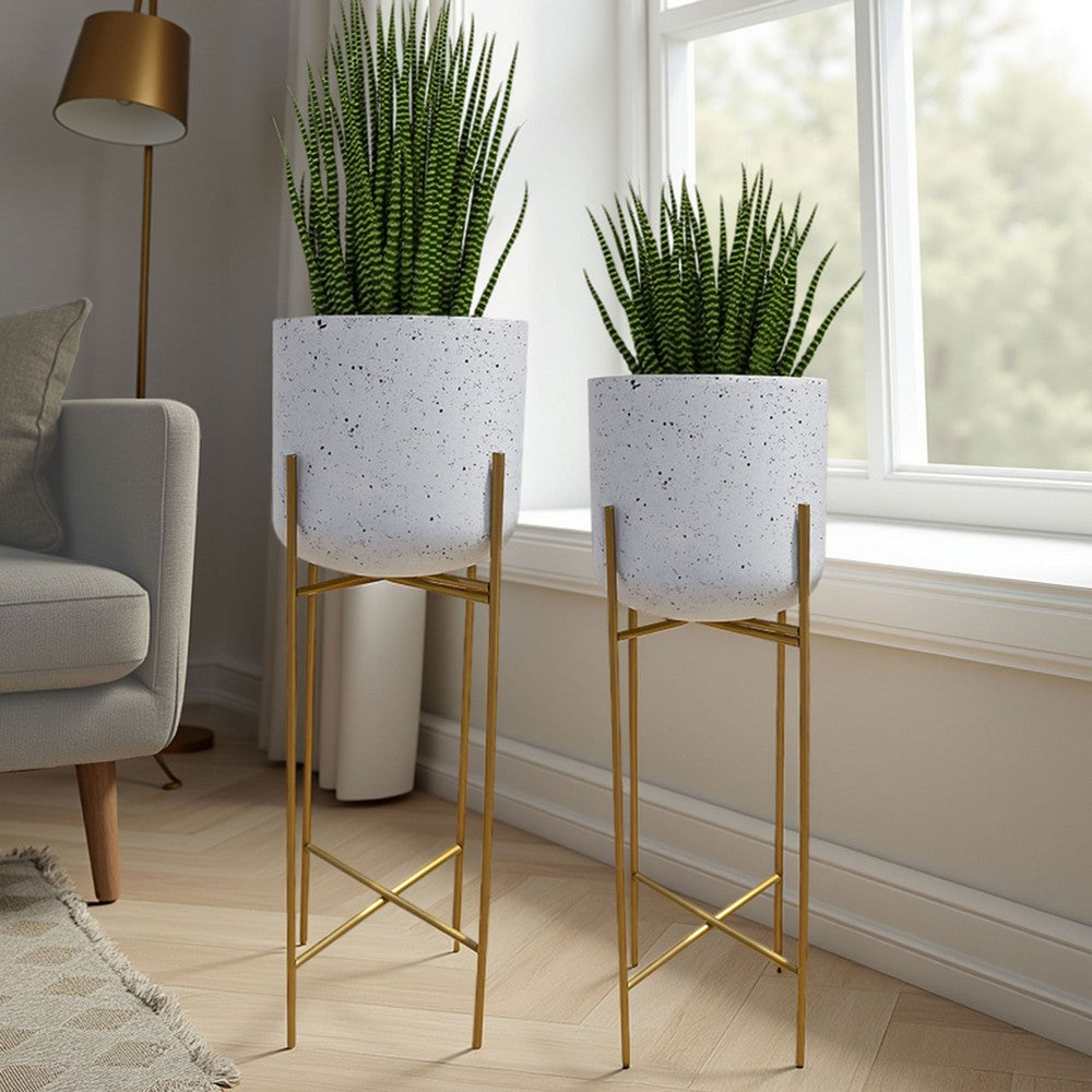 Aira Set of 2 Planters | 20, 22" Tall | Gold Foldable Metal Stand | White Speckled Pattern - UPT-331895