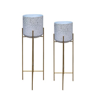 Aira 39, 46" Tall Planters Set of 2 | Gold Foldable Metal Stand | White Speckled Pattern - UPT-331896