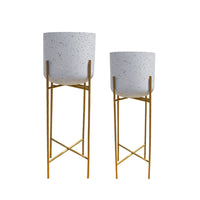 Aira 39, 46" Tall Planters Set of 2 | Gold Foldable Metal Stand | White Speckled Pattern - UPT-331896