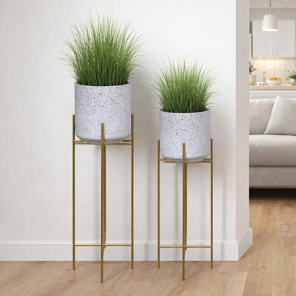 Aira 39, 46" Tall Planters Set of 2 | Gold Foldable Metal Stand | White Speckled Pattern - UPT-331896