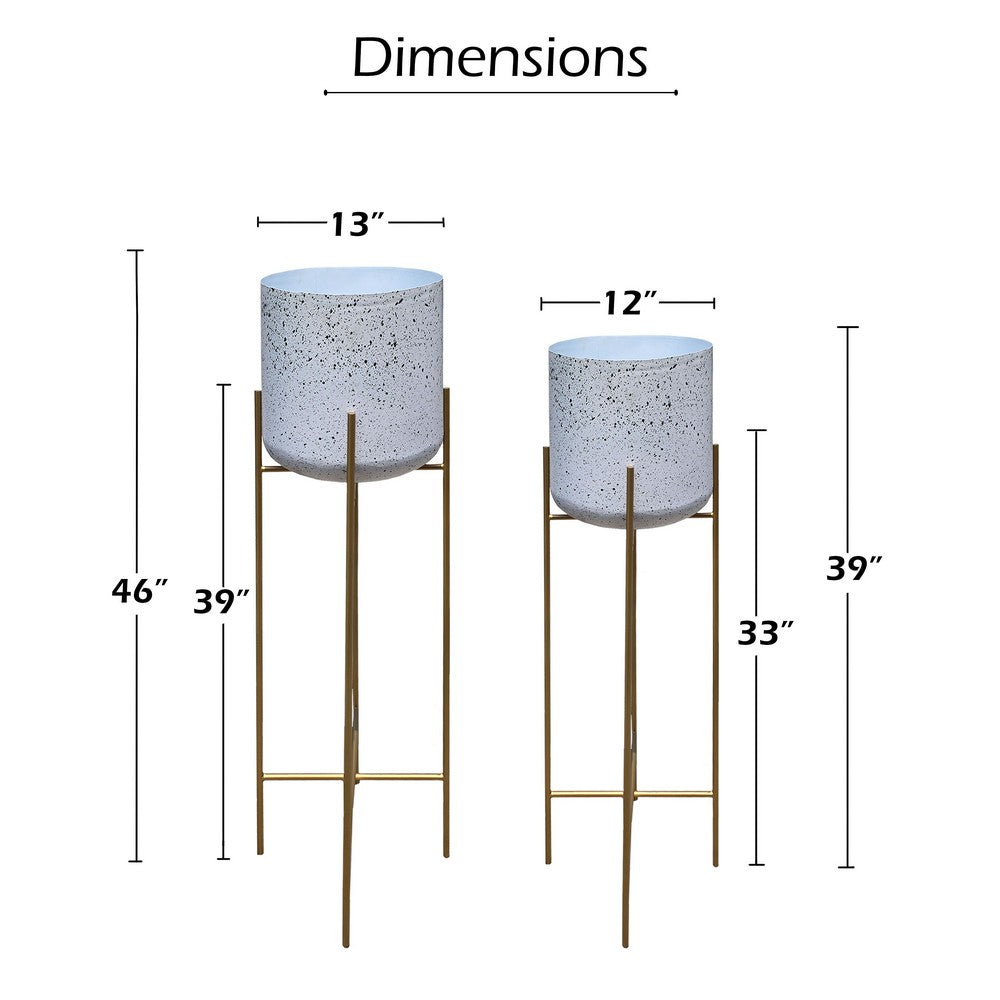 Aira 39, 46" Tall Planters Set of 2 | Gold Foldable Metal Stand | White Speckled Pattern - UPT-331896