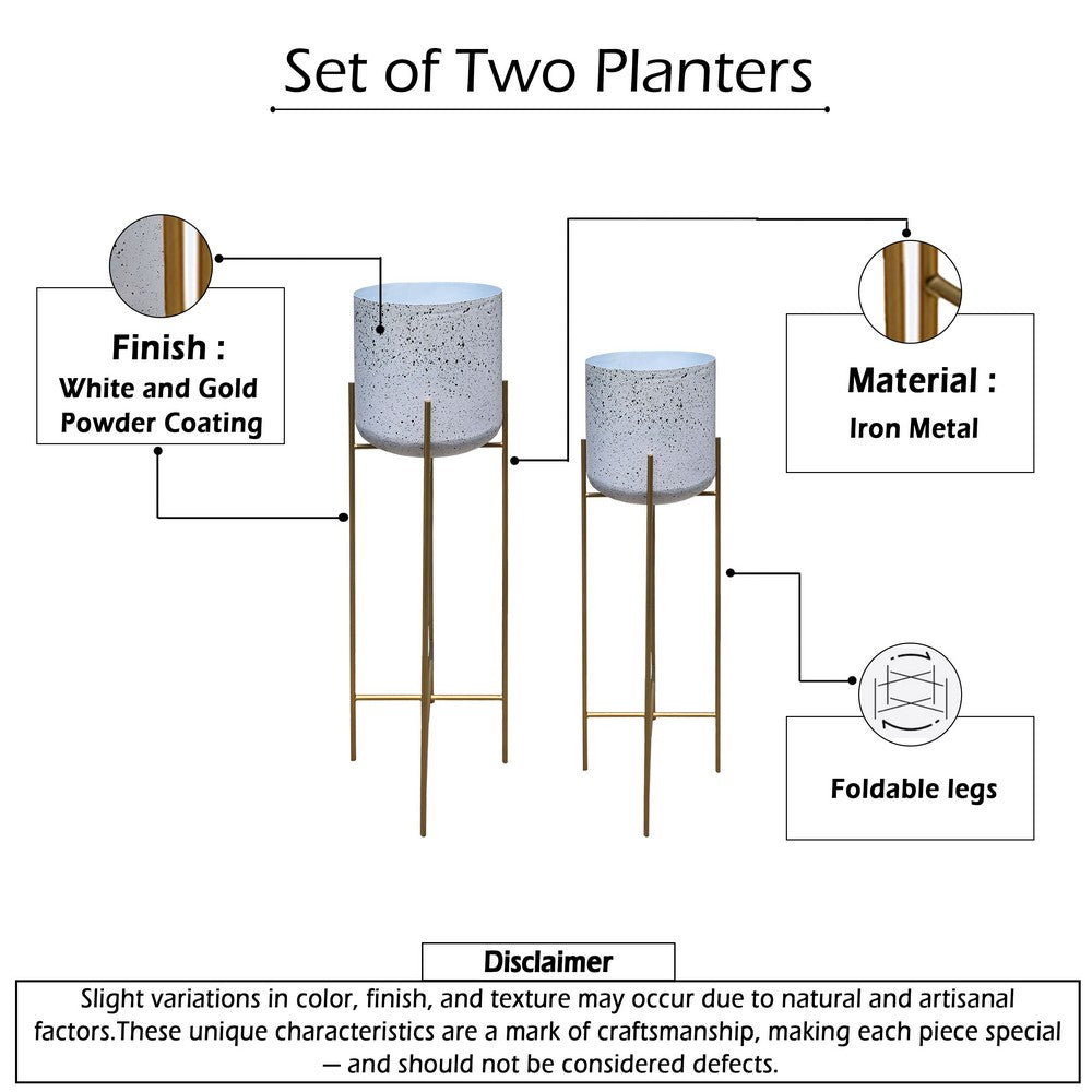 Aira 39, 46" Tall Planters Set of 2 | Gold Foldable Metal Stand | White Speckled Pattern - UPT-331896