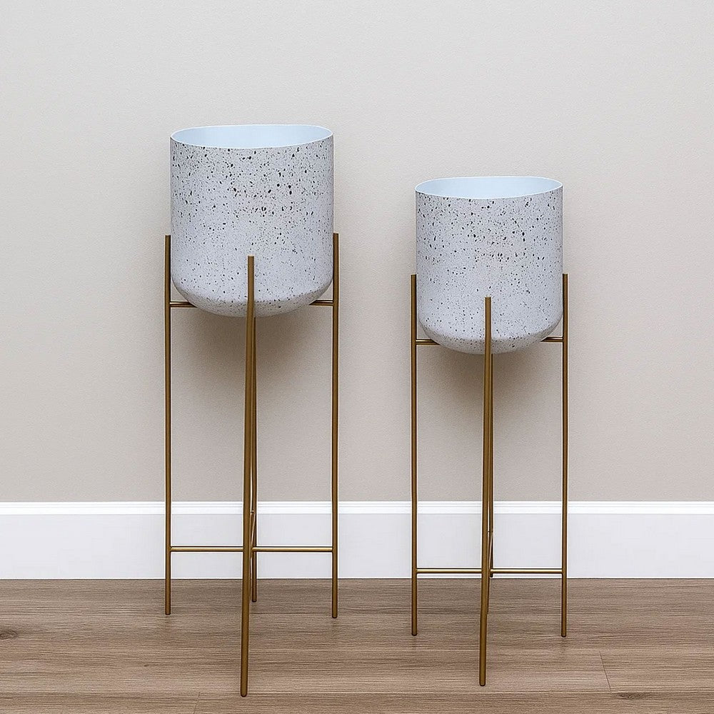 Aira 39, 46" Tall Planters Set of 2 | Gold Foldable Metal Stand | White Speckled Pattern - UPT-331896
