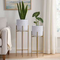 Aira 39, 46" Tall Planters Set of 2 | Gold Foldable Metal Stand | White Speckled Pattern - UPT-331896