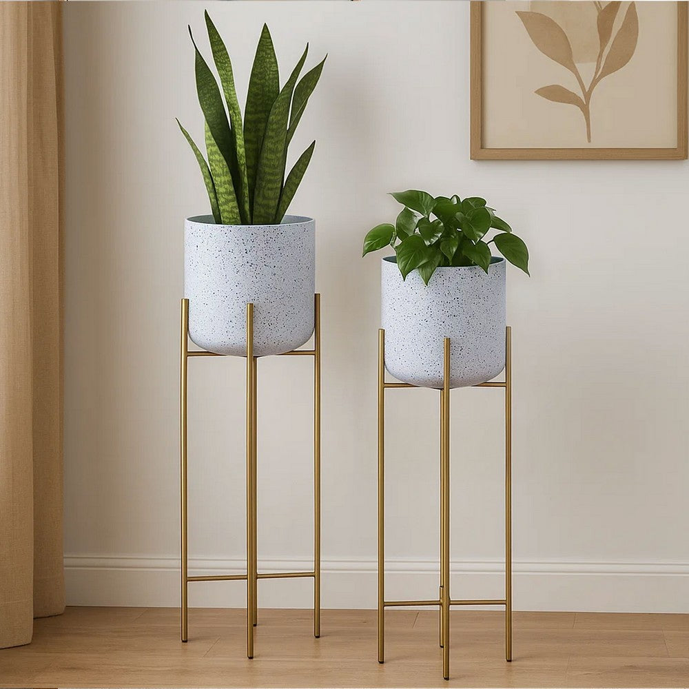 Aira 39, 46" Tall Planters Set of 2 | Gold Foldable Metal Stand | White Speckled Pattern - UPT-331896