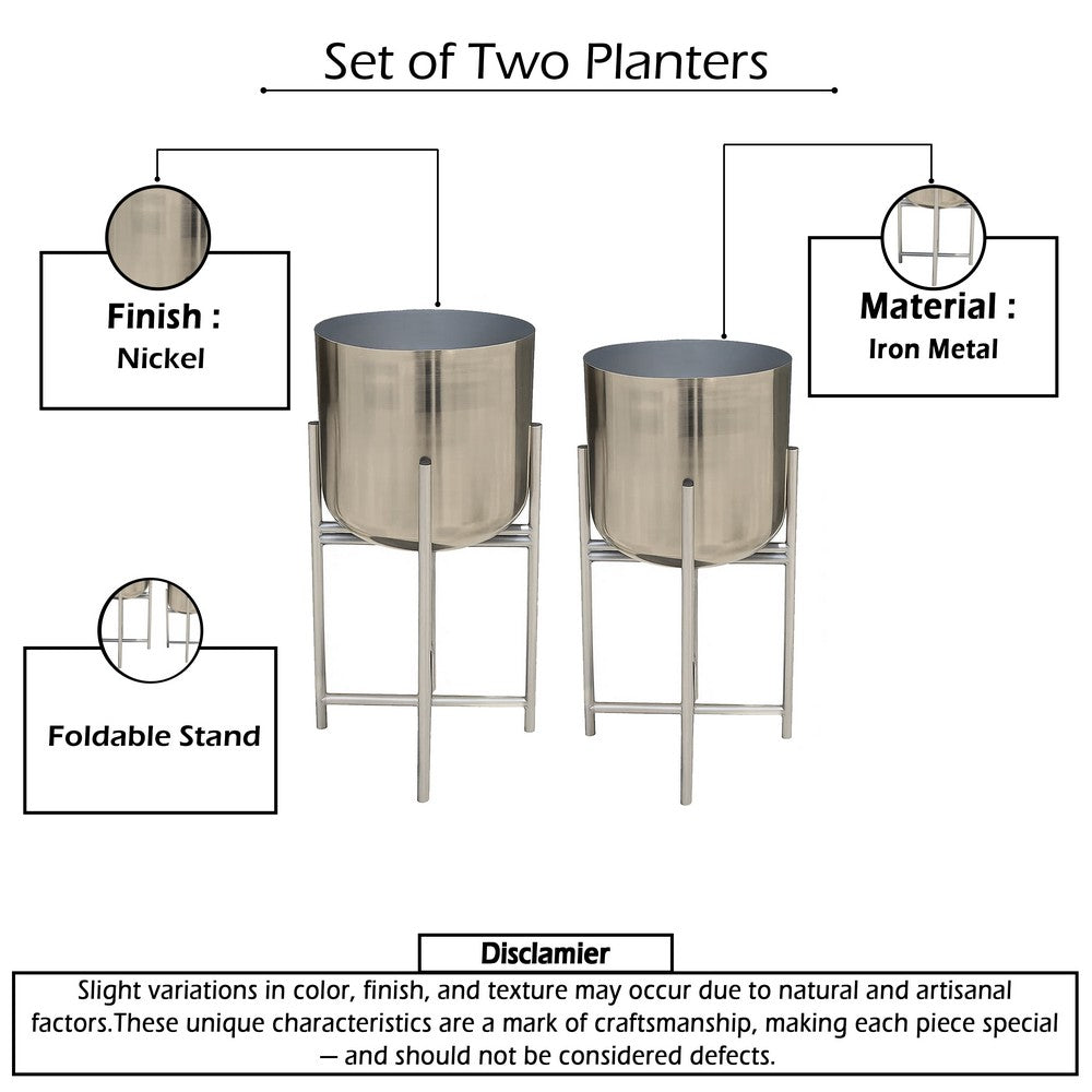 Aira Set of 2 Planters | 19, 22" Tall | Foldable Iron Stand | Nickel Finish - UPT-331897