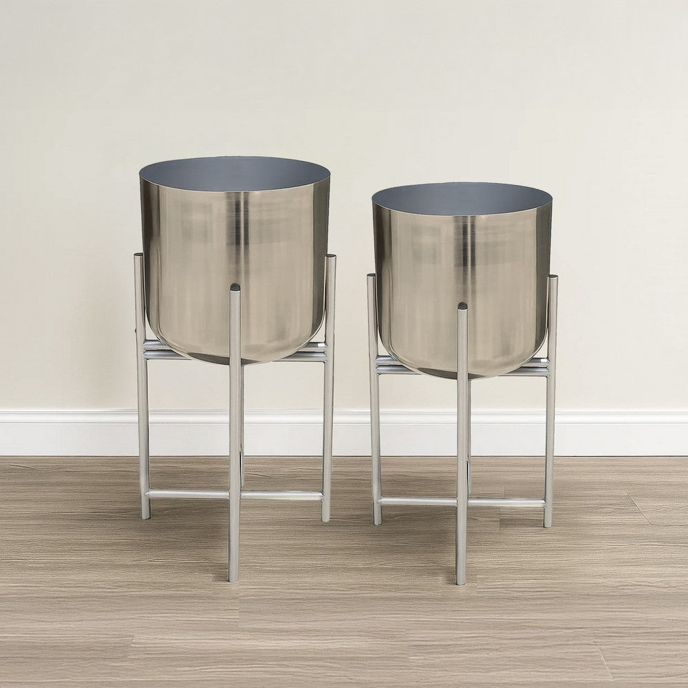 Aira Set of 2 Planters | 19, 22" Tall | Foldable Iron Stand | Nickel Finish - UPT-331897