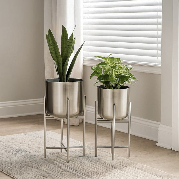 Aira Set of 2 Planters | 19, 22" Tall | Foldable Iron Stand | Nickel Finish - UPT-331897