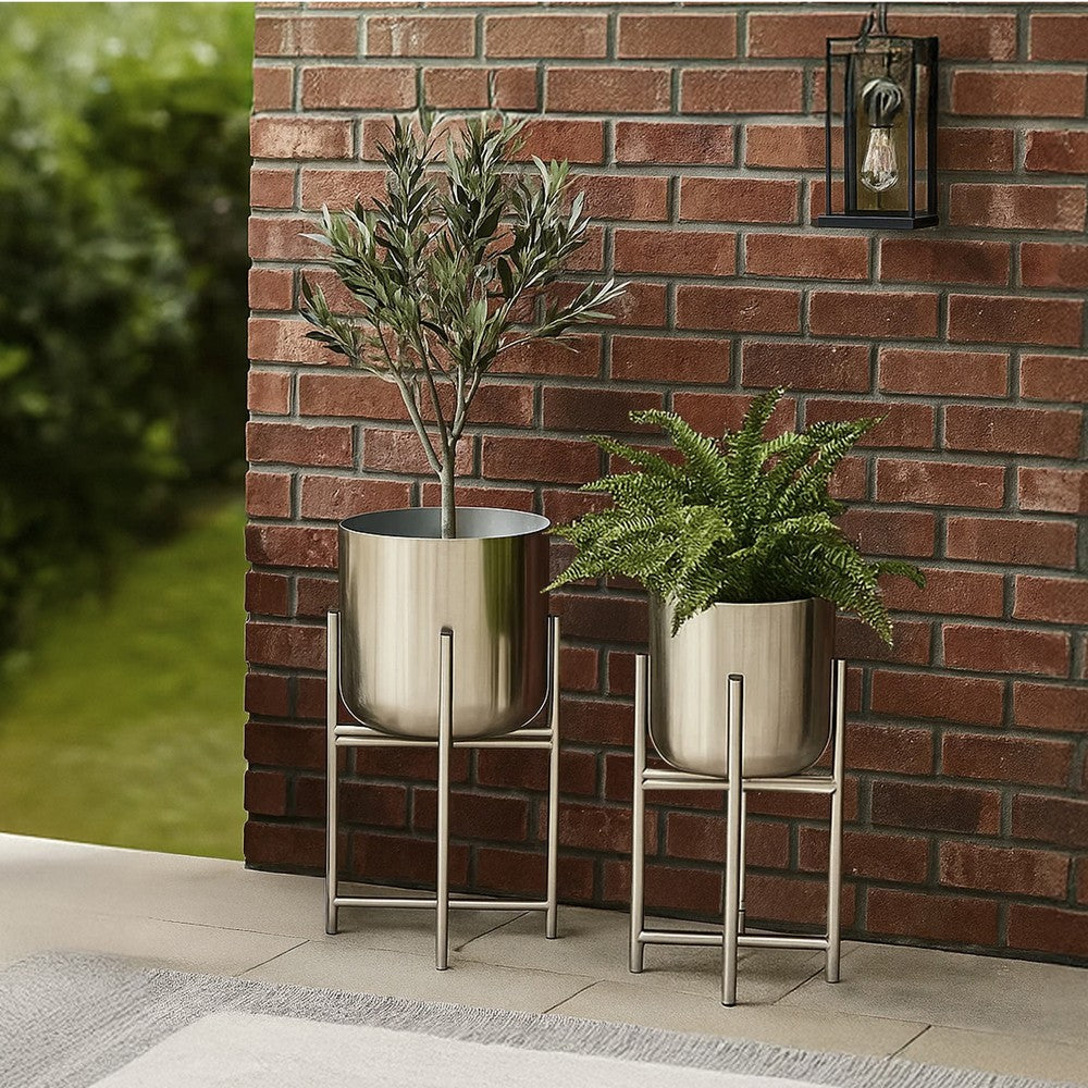 Aira Set of 2 Planters | 19, 22" Tall | Foldable Iron Stand | Nickel Finish - UPT-331897