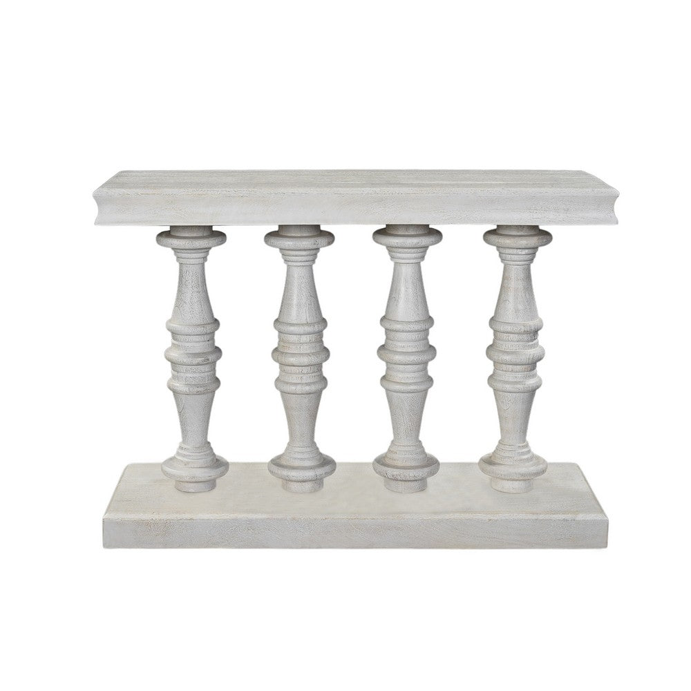 Sofa Console Table, 42 Inch Top, Sandlasted Washed White Mango Wood, Turned Pillar Legs - UPT-332348