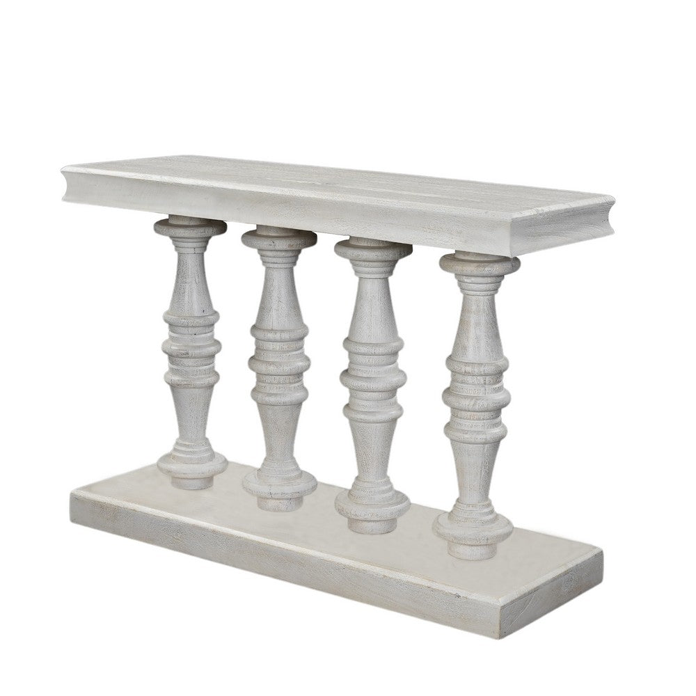 Sofa Console Table, 42 Inch Top, Sandlasted Washed White Mango Wood, Turned Pillar Legs - UPT-332348