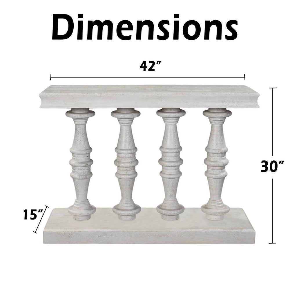Sofa Console Table, 42 Inch Top, Sandlasted Washed White Mango Wood, Turned Pillar Legs - UPT-332348