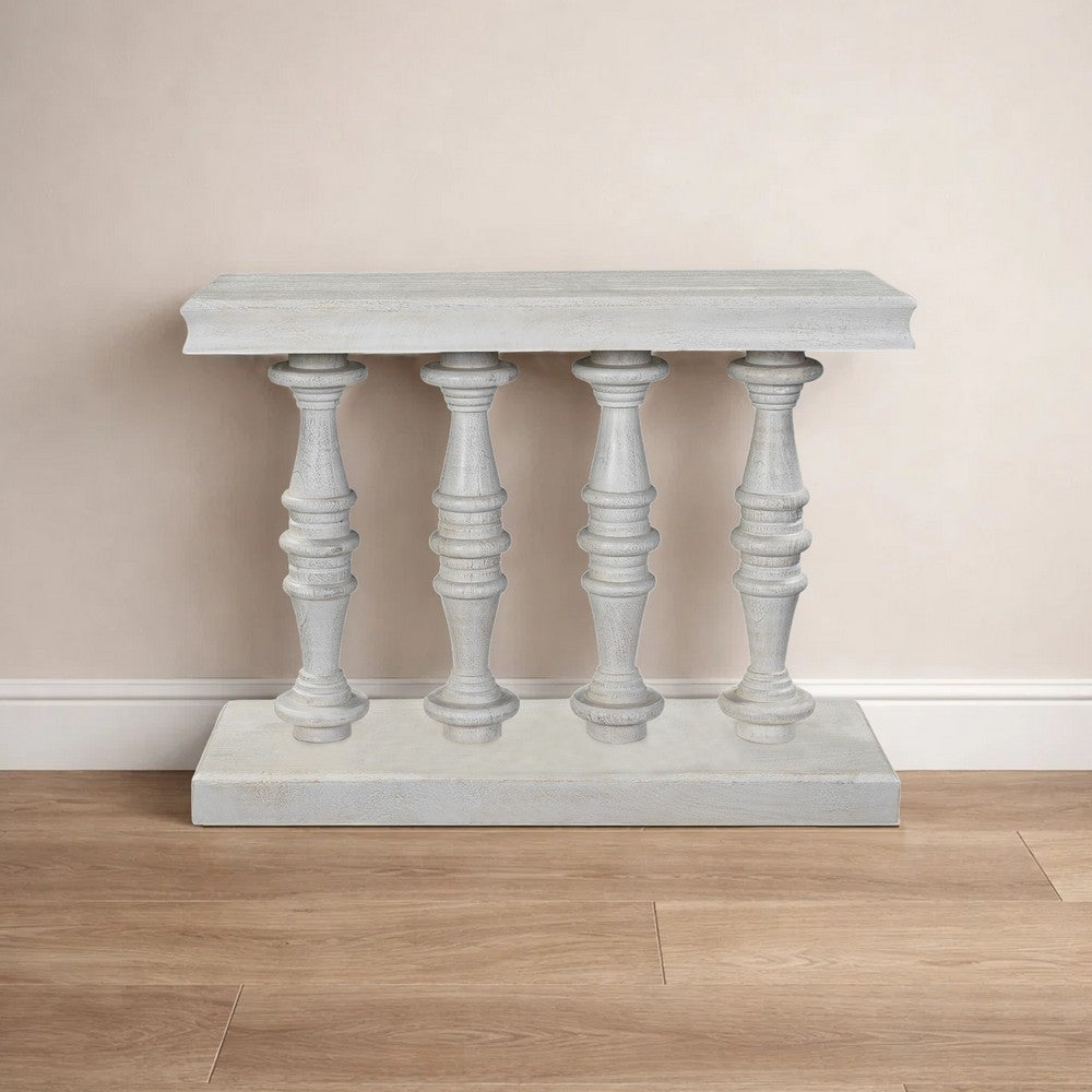 Sofa Console Table, 42 Inch Top, Sandlasted Washed White Mango Wood, Turned Pillar Legs - UPT-332348