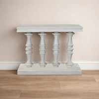 Sofa Console Table, 42 Inch Top, Sandlasted Washed White Mango Wood, Turned Pillar Legs - UPT-332348