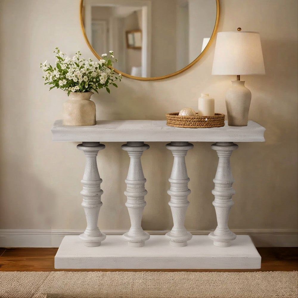 Sofa Console Table, 42 Inch Top, Sandlasted Washed White Mango Wood, Turned Pillar Legs - UPT-332348