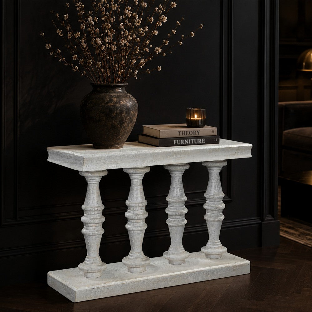 Console Table, 42-Inch Mango Wood Top, Shabby Chic Finish, Turned Pillar Legs - UPT-332348