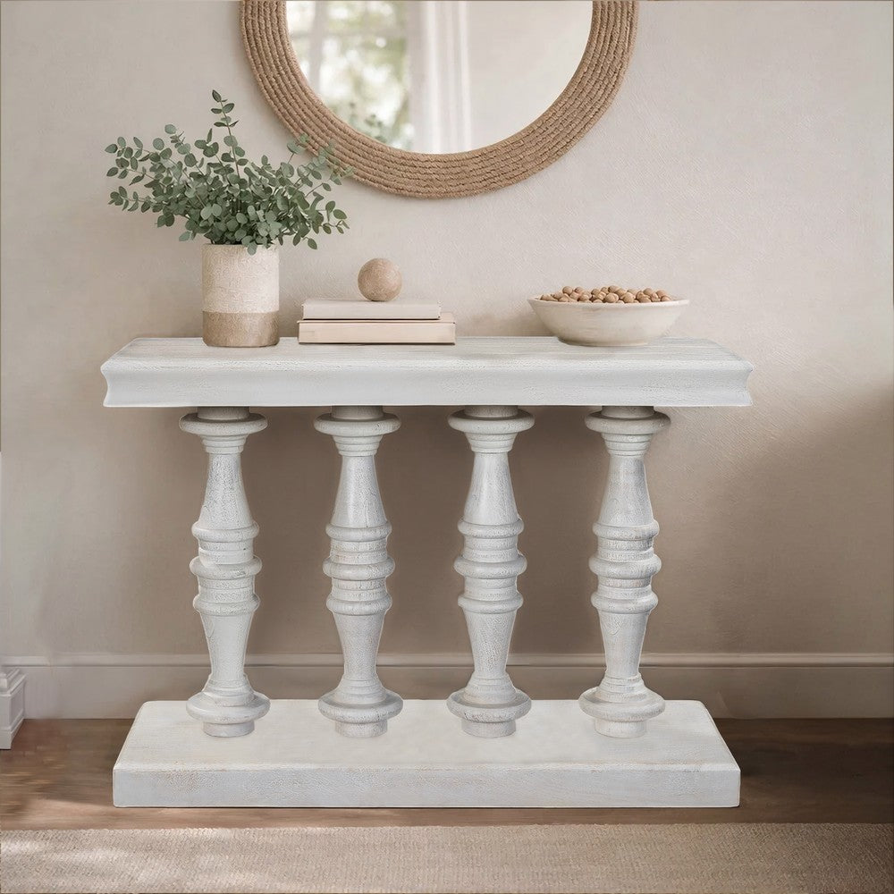 Sofa Console Table, 42 Inch Top, Sandlasted Washed White Mango Wood, Turned Pillar Legs - UPT-332348
