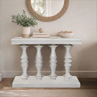 Sofa Console Table, 42 Inch Top, Sandlasted Washed White Mango Wood, Turned Pillar Legs - UPT-332348